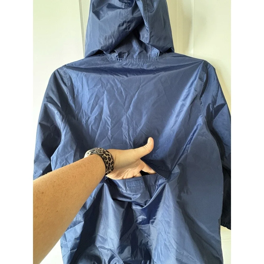 Lands End Hooded Rain Jacket Navy Blue Boys Size L 10-12 Packable Raincoat